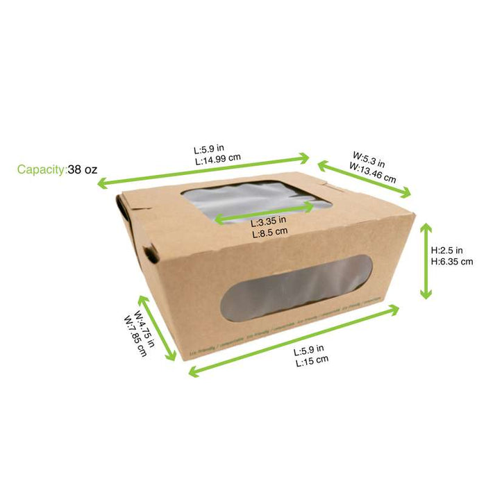 Boite salade carton kraft brun à double fenêtre PLA  152x135mm H65mm 1100ml-200Pcs