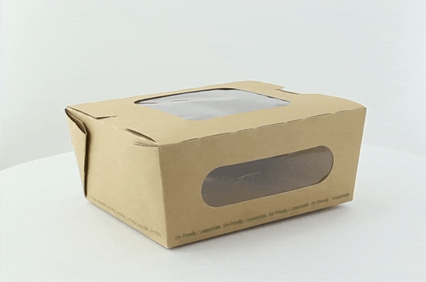 Boite salade carton kraft brun à double fenêtre PLA  152x135mm H65mm 1100ml-200Pcs