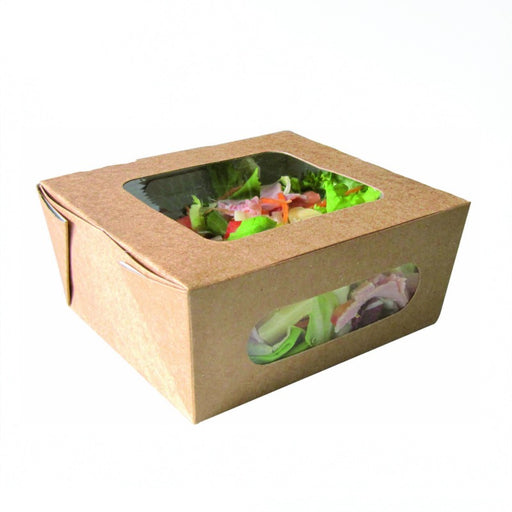 Boite salade carton kraft brun à double fenêtre PLA  152x135mm H65mm 1100ml-200Pcs