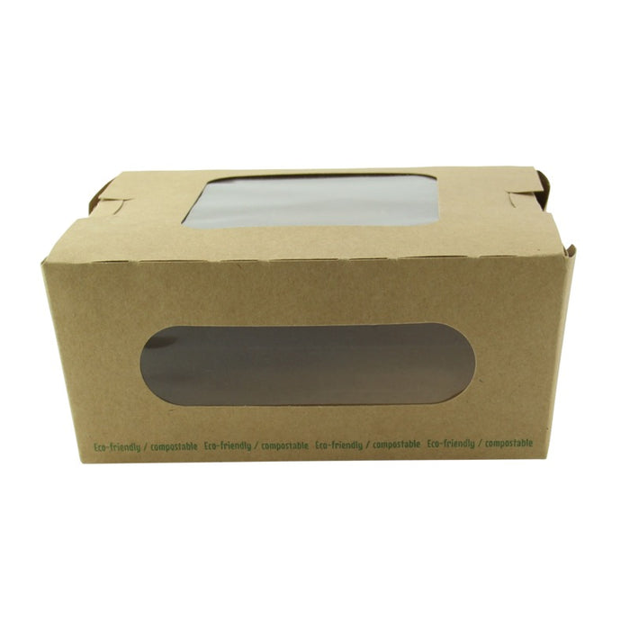 Boite salade carton kraft brun à double fenêtre PLA  152x135mm H65mm 1100ml-200Pcs