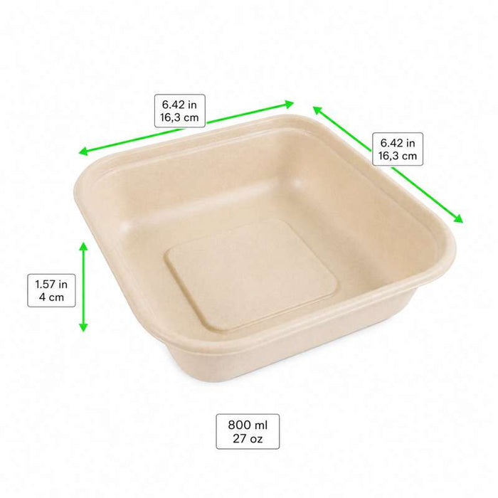 Barquette scellable pulpe rectangulaire brune laminée PLA  163x163mm H40mm 800ml-300Pcs