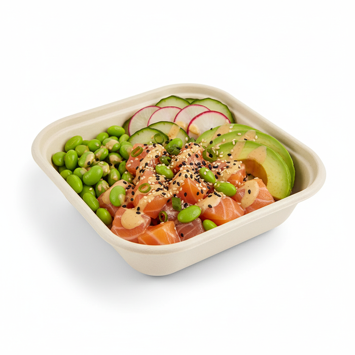 Barquette scellable pulpe rectangulaire brune laminée PLA  163x163mm H40mm 800ml-300Pcs