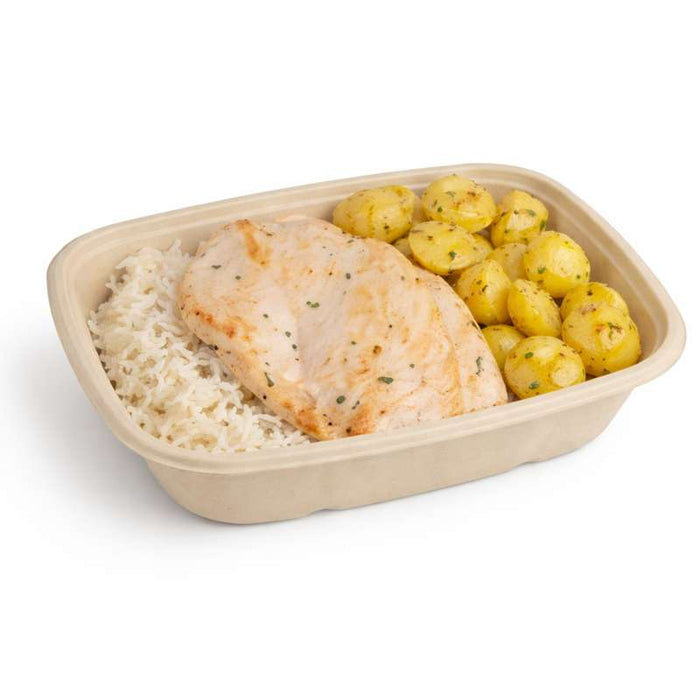 Plateau scellable pulpe rectangulaire brun laminé PLA  214x157mm H46mm 1000ml-300Pcs