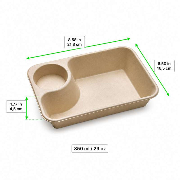 Plateau pulpe rectangulaire brun avec compartiment à sauce  218x165mm H45mm 850ml-300Pcs