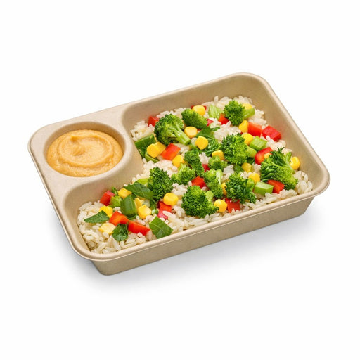 Plateau pulpe rectangulaire brun avec compartiment à sauce  218x165mm H45mm 850ml-300Pcs