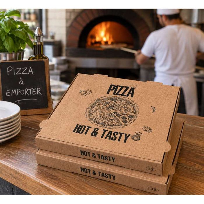 Boîte à pizza en carton brun imprimé "Hot and Tasty" 260x260mm H40mm - 100Pcs