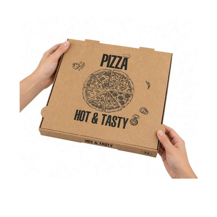 Boîte à pizza en carton brun imprimé "Hot and Tasty" 260x260mm H40mm - 100Pcs
