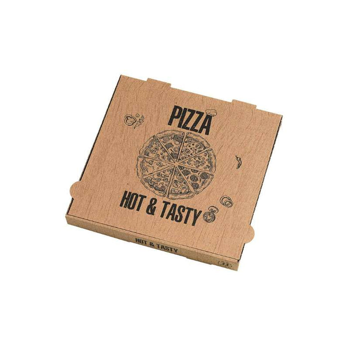 Boîte à pizza en carton brun imprimé "Hot and Tasty" 260x260mm H40mm - 100Pcs