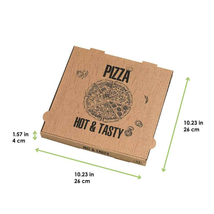Boîte à pizza en carton brun imprimé "Hot and Tasty" 260x260mm H40mm - 100Pcs