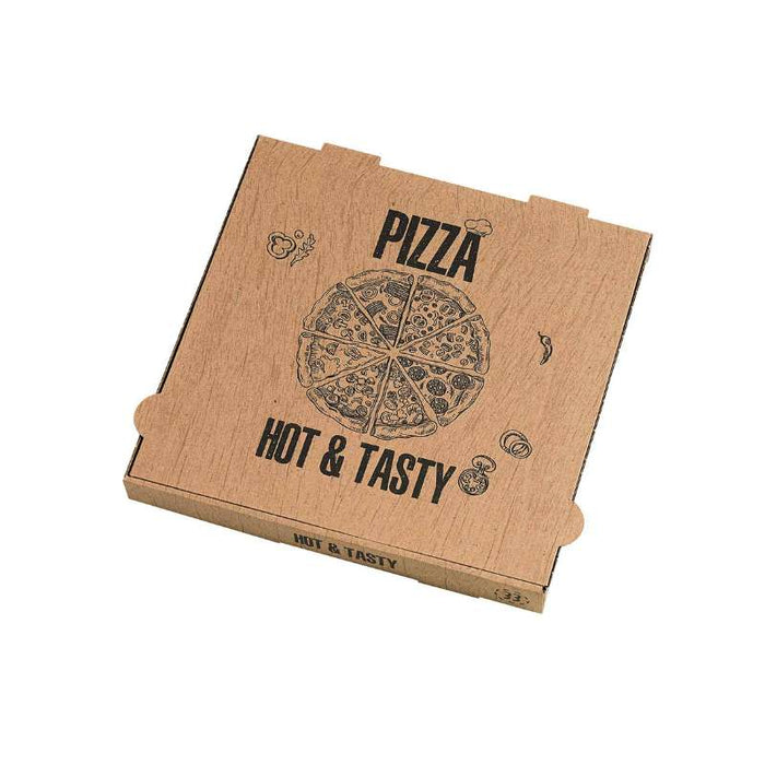 Boîte pizza brune imprimée "Hot and Tasty" 290x290mm H40mm - 100Pcs