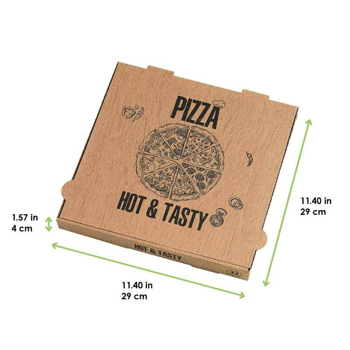 Boîte pizza brune imprimée "Hot and Tasty" 290x290mm H40mm - 100Pcs