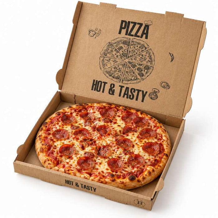 Boîte pizza brune imprimée "Hot and Tasty" 290x290mm H40mm - 100Pcs