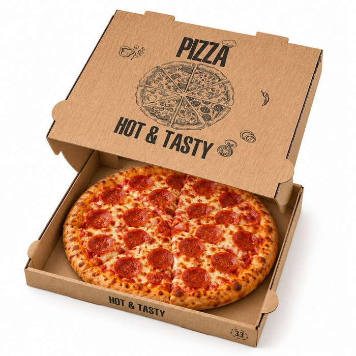 Carton à pizza brun imprimé "Hot and Tasty" 330x330mm H40mm - 100Pcs