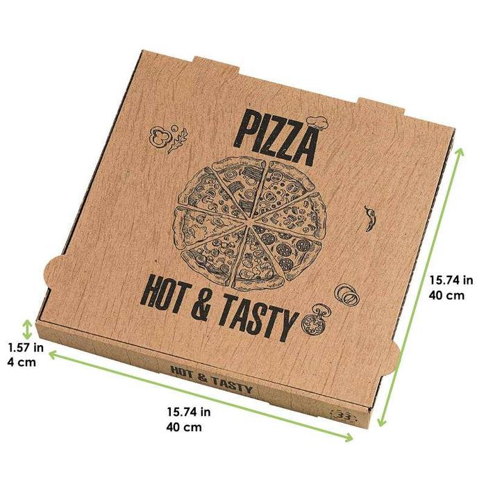 Boite à pizza carton brun, décor "Hot and Tasty"  400x400mm H40mm-100Pcs