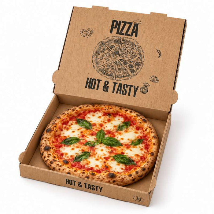 Boite à pizza carton brun, décor "Hot and Tasty"  400x400mm H40mm-100Pcs