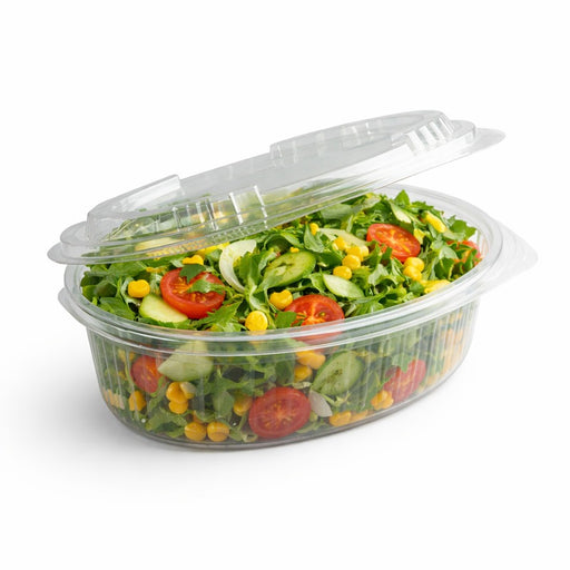 Barquette plastique PET transparente ovale avec couvercle attaché 255x160mm H110mm 2000ml-280Pcs