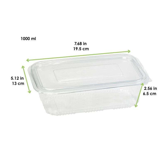 Barquette plastique PET rectangulaire transparente avec couvercle attaché  195x130mm H65mm 1000ml-400Pcs