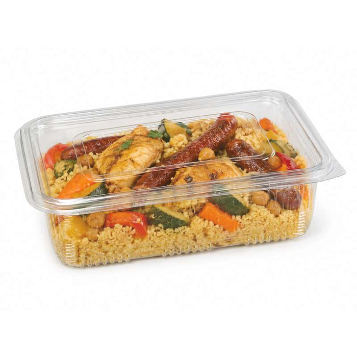 Barquette plastique PET rectangulaire transparente avec couvercle attaché  230x175mm H65mm 1700ml-300Pcs