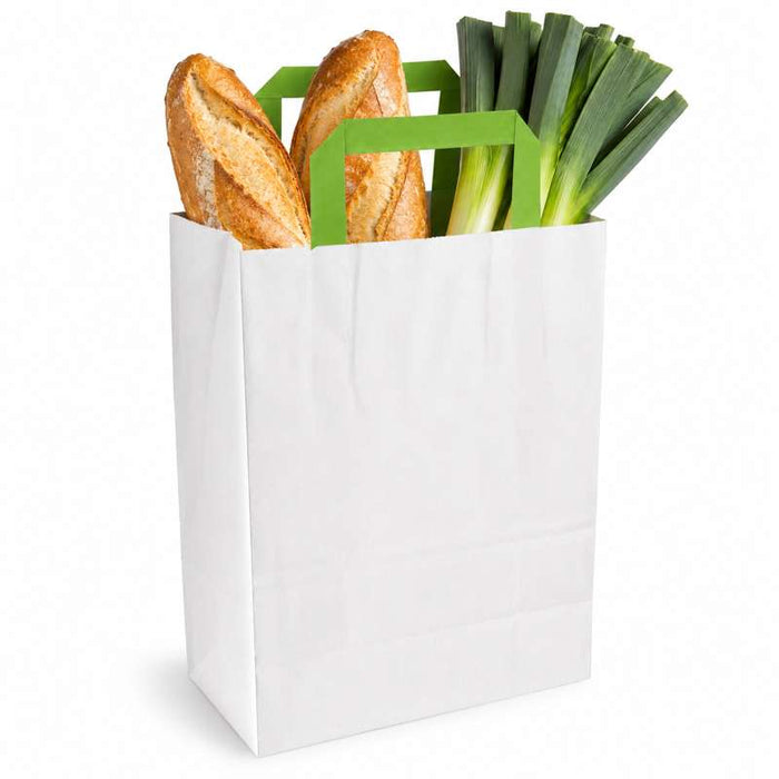 Sac cabas papier blanc recyclé anses vertes  260x170mm H280mm-250Pcs
