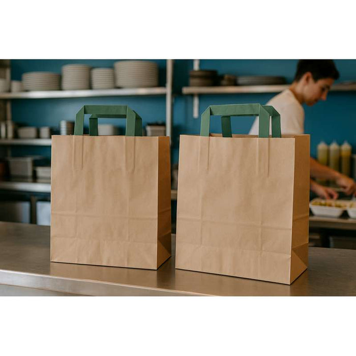 Sac cabas papier kraft brun recyclé avec anses vertes  320x170mm H340mm-250Pcs