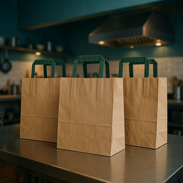 Sac cabas papier kraft brun recyclé avec anses vertes  320x170mm H340mm-250Pcs