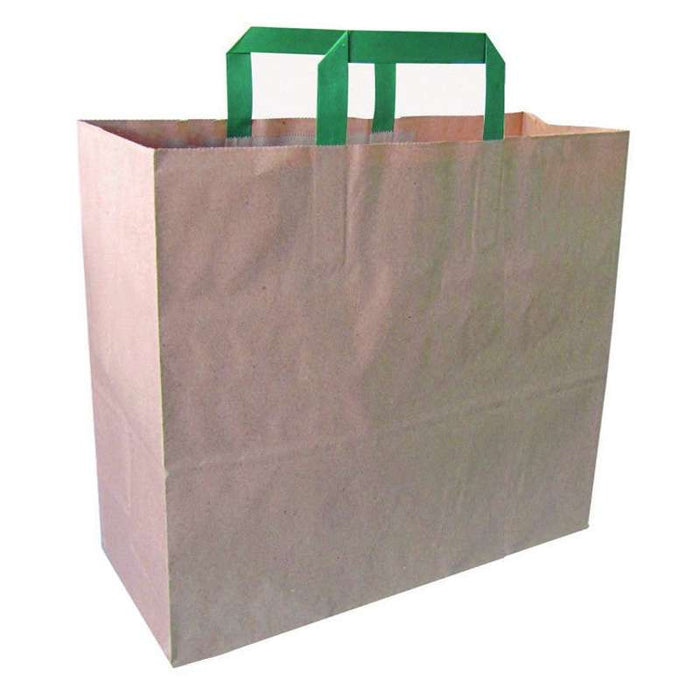 Sac cabas papier kraft brun recyclé avec anses vertes  320x170mm H340mm-250Pcs