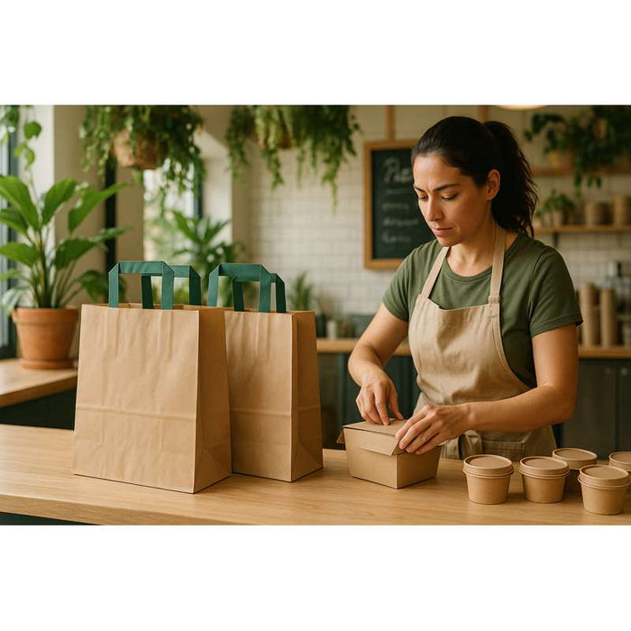 Sac cabas papier kraft brun recyclé avec anses vertes  320x170mm H340mm-250Pcs