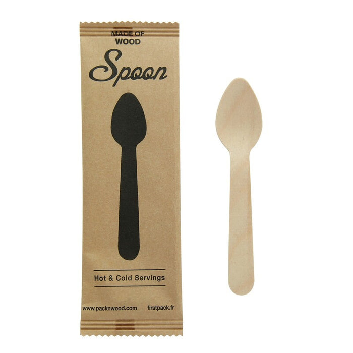 Cuillère café bois, emballage papier kraft  /  Wooden coffee spoon, kraft wrap  H110mm-500Pcs