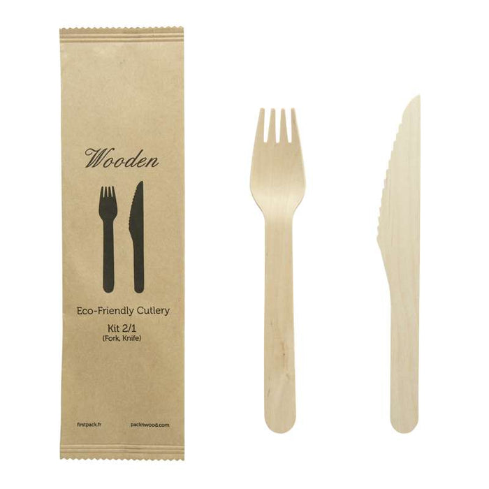 Kit couverts bois 2 / 1: couteau fourchette, emballage kraft   H165mm-250Pcs