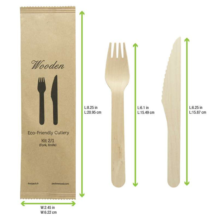 Kit couverts bois 2 / 1: couteau fourchette, emballage kraft   H165mm-250Pcs