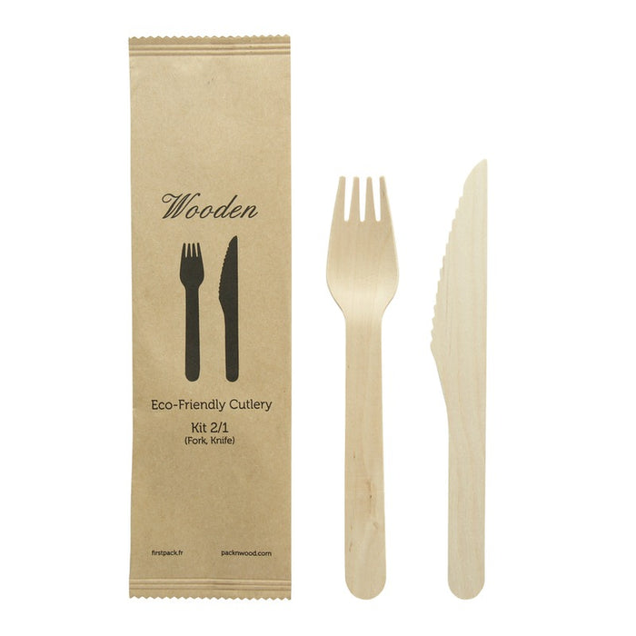 Kit couverts bois 2 / 1: couteau fourchette, emballage kraft   H165mm-250Pcs