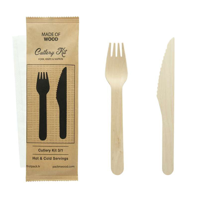 Kit couverts bois 3 / 1: couteau fourchette serviette, emballage kraft   H165mm-250Pcs