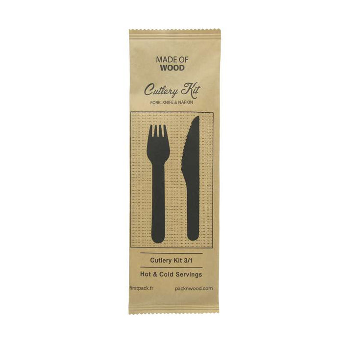 Kit couverts bois 3 / 1: couteau fourchette serviette, emballage kraft   H165mm-250Pcs