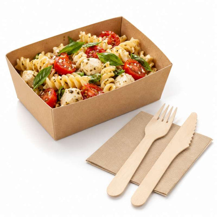 Kit couverts bois 3 / 1: couteau fourchette serviette, emballage kraft   H165mm-250Pcs