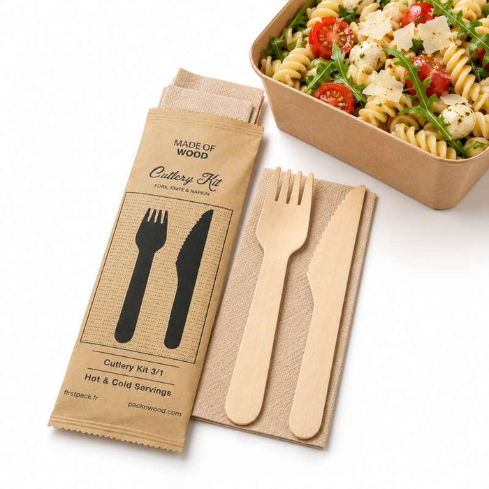 Kit couverts bois 3 / 1: couteau fourchette serviette, emballage kraft   H165mm-250Pcs