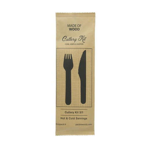 Kit couverts bois 3 / 1: couteau fourchette serviette, emballage kraft   H165mm-250Pcs