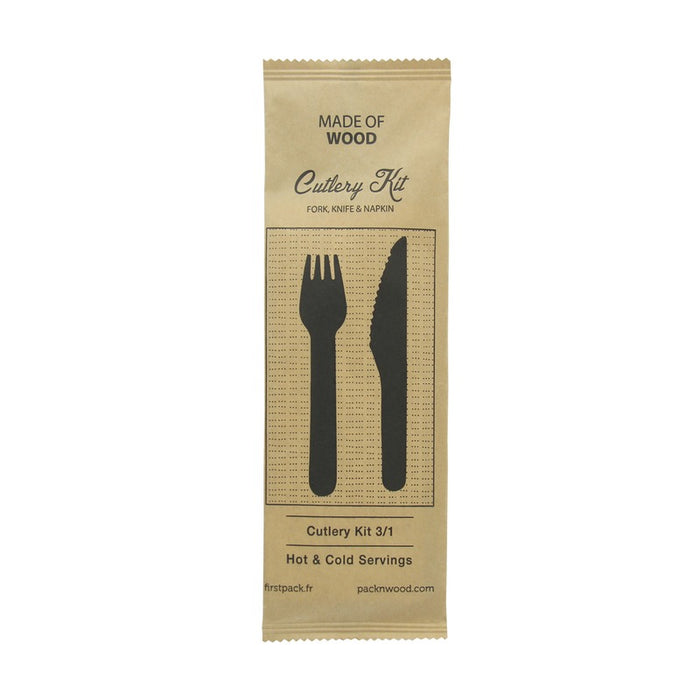 Kit couverts bois 3 / 1: couteau fourchette serviette, emballage kraft   H165mm-250Pcs