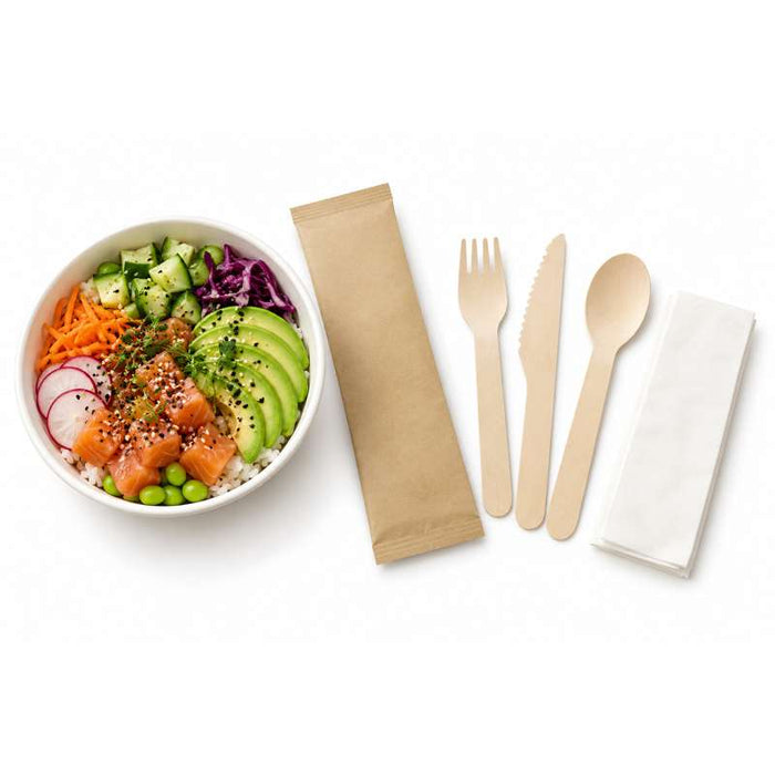 Kit couverts bois 4/1: couteau fourchette cuillère serviette, emballage kraft   H165mm-250Pcs