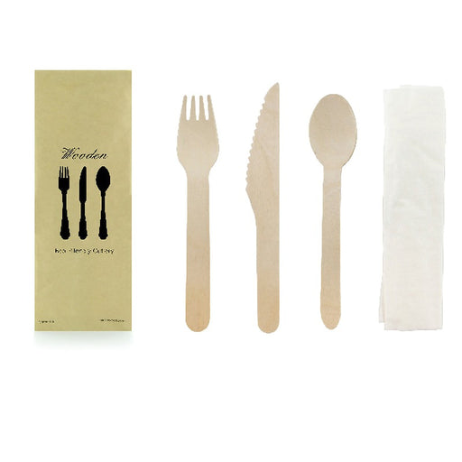 Kit couverts bois 4/1: couteau fourchette cuillère serviette, emballage kraft   H165mm-250Pcs