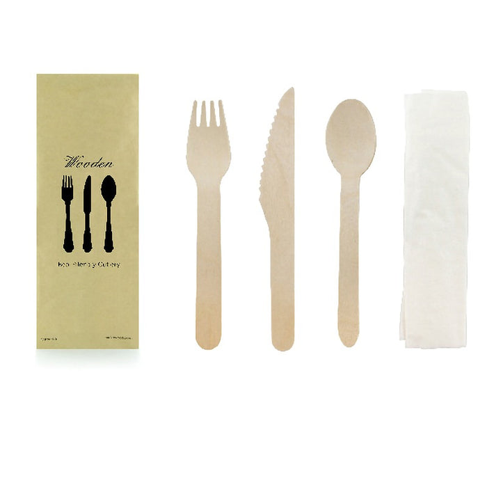 Kit couverts bois 4/1: couteau fourchette cuillère serviette, emballage kraft   H165mm-250Pcs