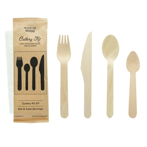 Kit cubiertos de madera 5/1: Cuchillo, tenedor, cuchara pequeña y grande, servilleta con funda kraft A165mm - 50Uds