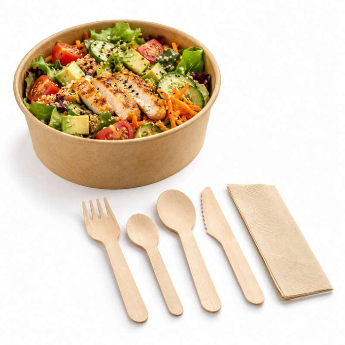 Kit couverts bois 5 / 1: couteau fourchette petite&grande cuillère serviette, emballage kraft   H165mm-250Pcs