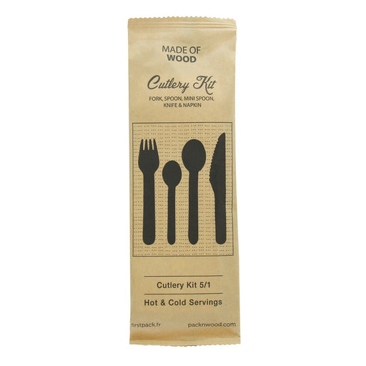 Kit couverts bois 5 / 1: couteau fourchette petite&grande cuillère serviette, emballage kraft   H165mm-250Pcs