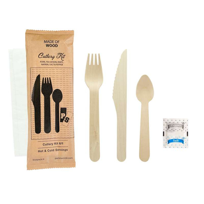 Kit couv bois 6 / 1: cout, four, cuil café, serv, sel, poivre, emb kraft   H165mm-250Pcs