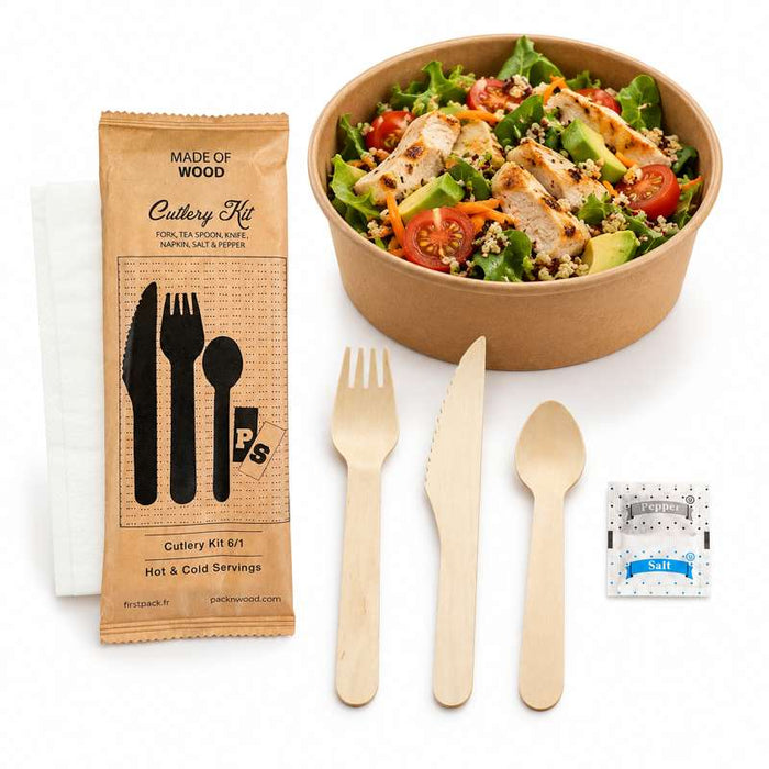 Kit couv bois 6 / 1: cout, four, cuil café, serv, sel, poivre, emb kraft   H165mm-250Pcs