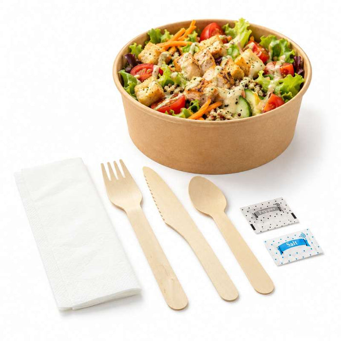 Kit couv bois 6 / 1: cout, four, cuil café, serv, sel, poivre, emb kraft   H165mm-250Pcs