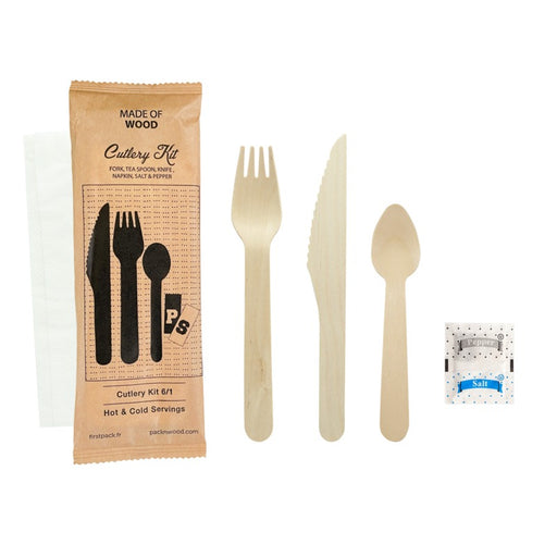 Kit couv bois 6 / 1: cout, four, cuil café, serv, sel, poivre, emb kraft   H165mm-250Pcs