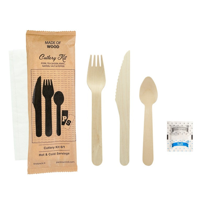 Kit couv bois 6 / 1: cout, four, cuil café, serv, sel, poivre, emb kraft   H165mm-250Pcs