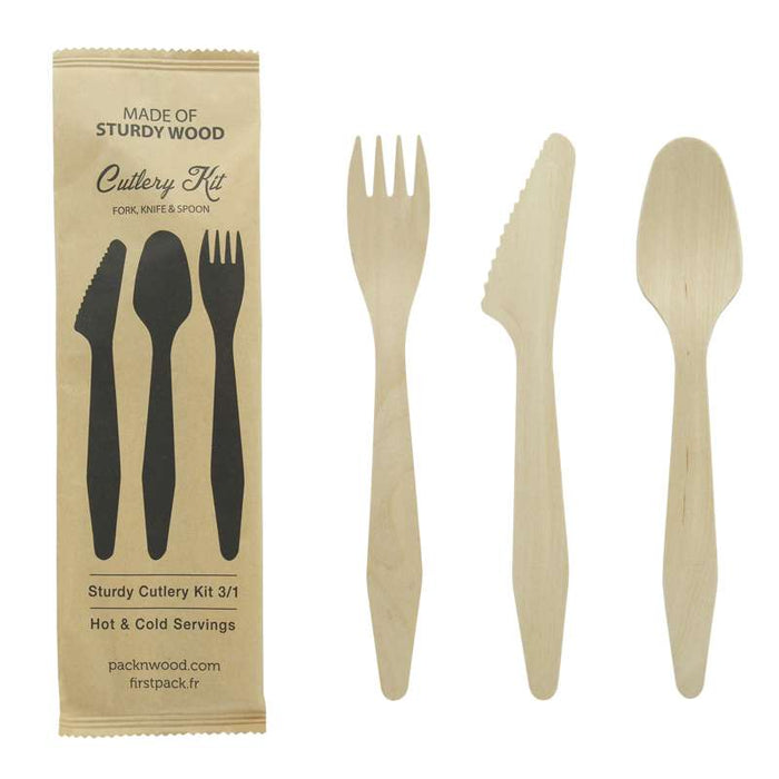 Hercule Kit couverts bois 3 / 1: couteau fourchette cuillère emballage kraft   H185mm-250Pcs
