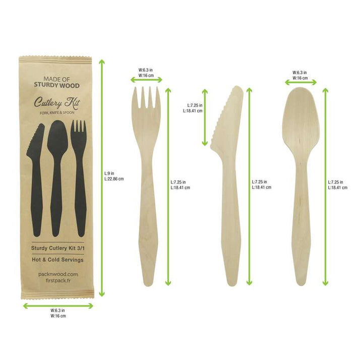 Hercule Kit couverts bois 3 / 1: couteau fourchette cuillère emballage kraft   H185mm-250Pcs